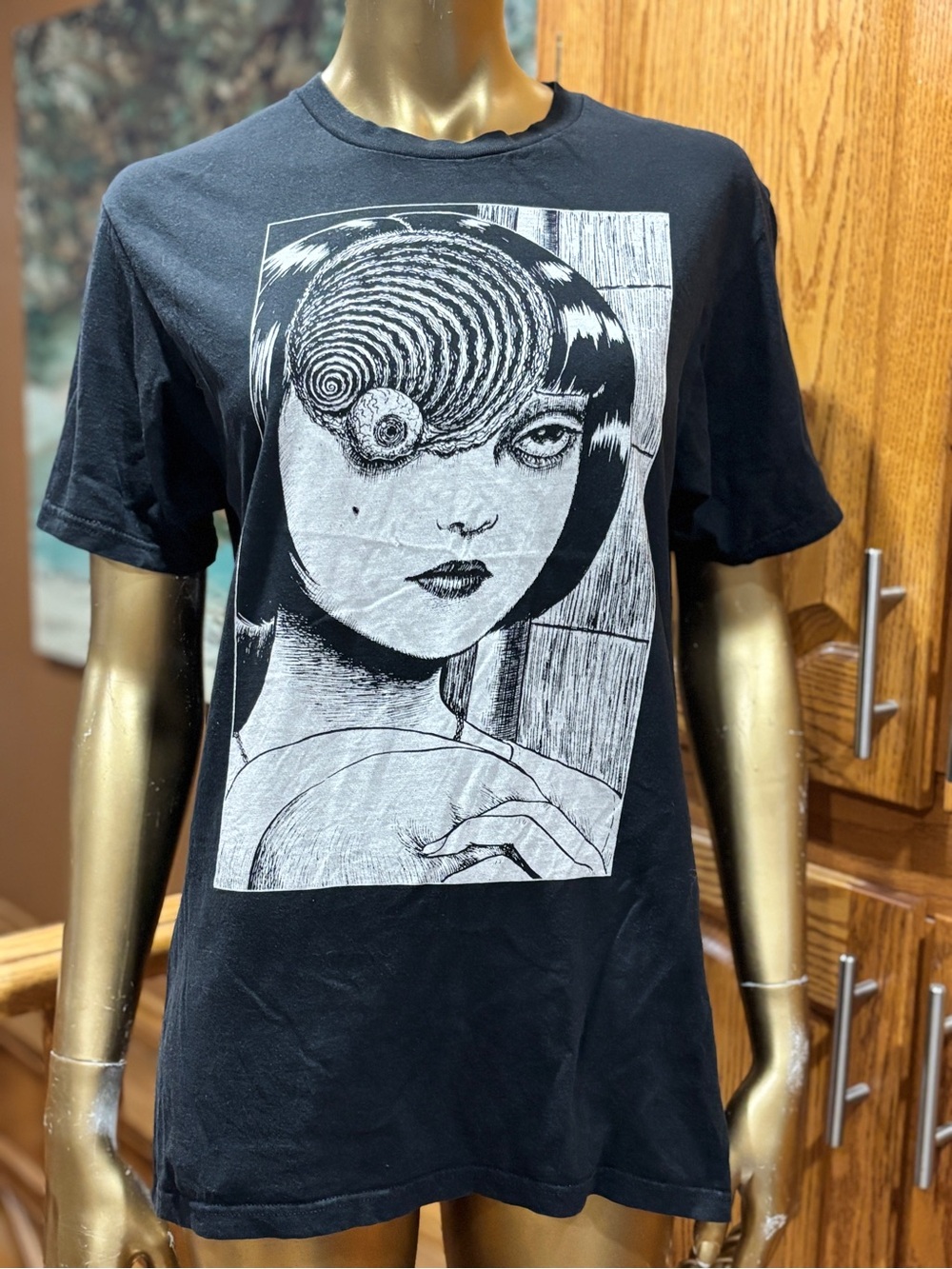 Black Graphic Short Sleeve Tee with White Manga Art